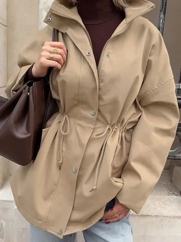 Women Mid-Length Trench Coat Barn Style Casual Loose Drawstring Waist Windbreaker Khaki Zipper Hooded Outerwear Long Sleeve Jacket