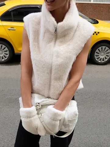 Women Faux Fur Vest Sleeveless Jacket High Neck Zipper Faux Mink Fur Solid Color Autumn Winter Plush Waistcoat Outerwear