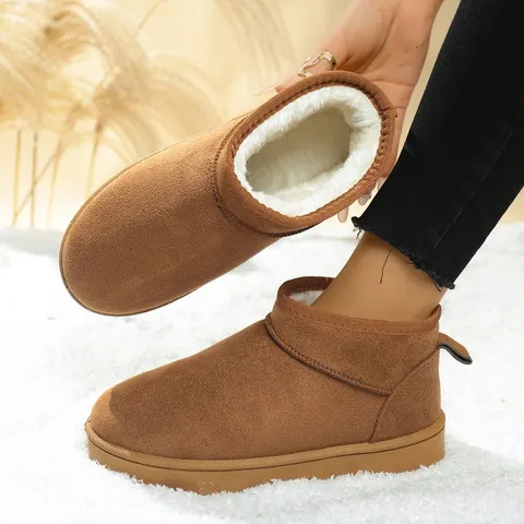 Women's Short Snow Boots Faux Suede Thick Sole Warm Plush Lined Winter Boots Round Toe Slip-on Outdoor Casual Cotton Shoes