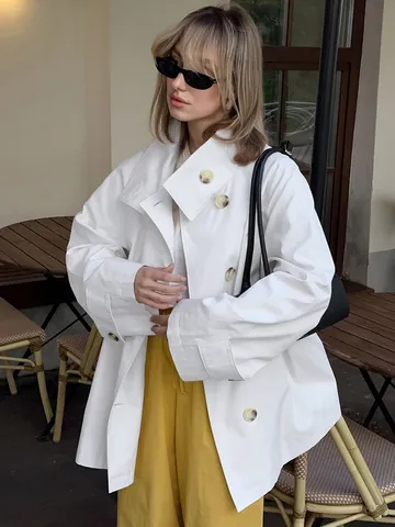 Women European Fashion Mid-Length Trench Coat Loose Fit Lapel Long Sleeve Solid Color Buttoned Windbreaker Jacket Top