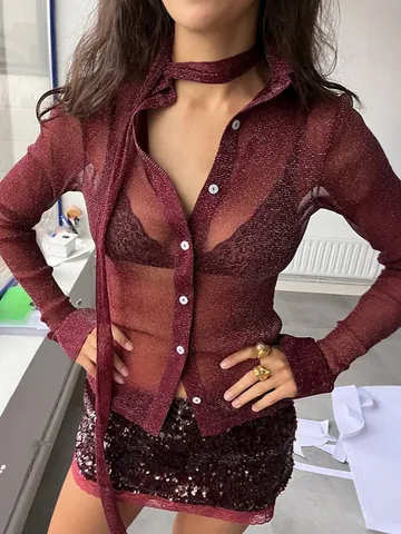 Women Reflective Long Sleeve Blouse Transparent Shimmer Tie-Neck Shirt Elegant Slim Fit Nylon Top For Party Daily Wear