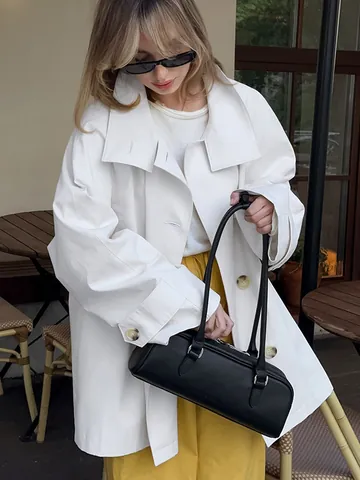 Women European Fashion Mid-Length Trench Coat Loose Fit Lapel Long Sleeve Solid Color Buttoned Windbreaker Jacket Top