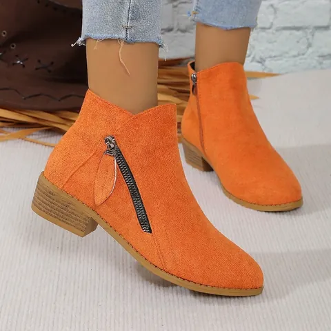 Women's Western Style Pointed Toe Side Zipper Martin Boots Chunky Heel Suede Ankle Boots Plus Size Thick Sole Short Boots