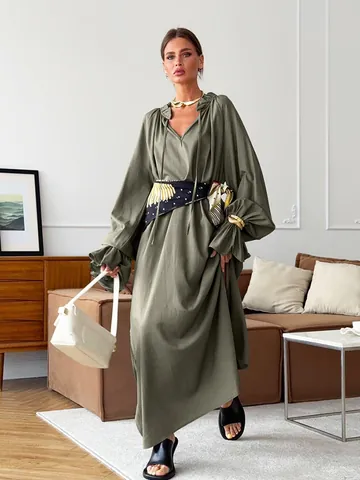 Robe en Lin et Coton Design Français Vintage Col en V Manches Longues Avec Volants Fente et Taille Nouée Robe Maxi pour Femmes Style Élégant