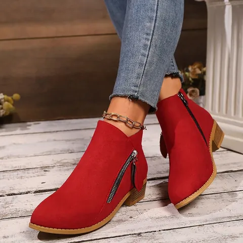 Women's Western Style Pointed Toe Side Zipper Martin Boots Chunky Heel Suede Ankle Boots Plus Size Thick Sole Short Boots