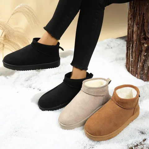Women's Short Snow Boots Faux Suede Thick Sole Warm Plush Lined Winter Boots Round Toe Slip-on Outdoor Casual Cotton Shoes