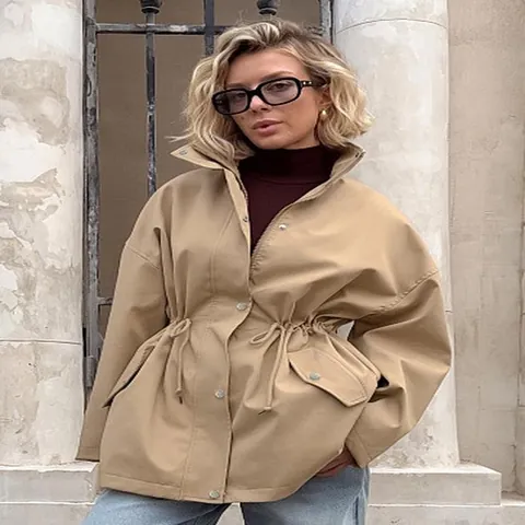 Women Mid-Length Trench Coat Barn Style Casual Loose Drawstring Waist Windbreaker Khaki Zipper Hooded Outerwear Long Sleeve Jacket