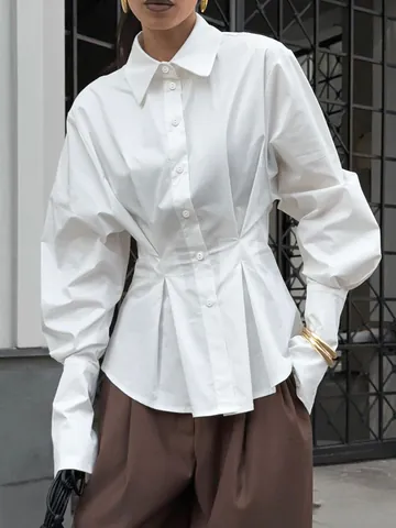 Court Style Cotton Shirt Women Pleated Waist Slim Fit Long Sleeve Lapel Blouse Elegant Vintage Top
