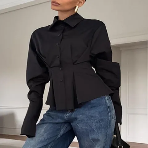 Court Style Cotton Shirt Women Pleated Waist Slim Fit Long Sleeve Lapel Blouse Elegant Vintage Top