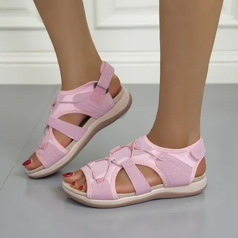 Women's Summer Beach Flat Sandals Hook and Loop Peep Toe Plus Size Breathable Outdoor Walking Shoes Casual Leisure Footwear
