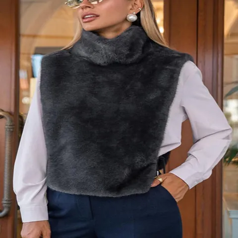 Women Faux Fur Vest Mock Neck Sleeveless Winter Warm Solid Color Slim Fit Fashion Outerwear Vest Top