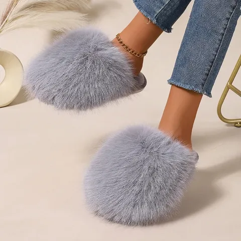 Women's Fluffy Plush Slippers Autumn Winter Warm Faux Fur Flat Closed Toe Indoor Outdoor House Slippers Fashion Solid Color Slides
