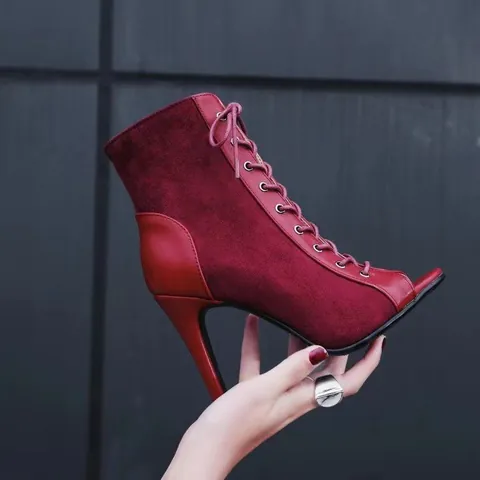Women Western Style Peep Toe Lace Up High Heel Sandal Boots Satin Stiletto Peep Toe Cutout Dance Shoes Fashion Heels