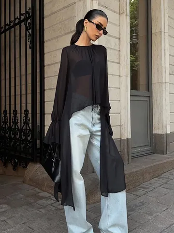 Dames Zwarte Mesh Chiffon Blouse Elegant Onregelmatige Zoom Ruffle Lange Mouwen Top Ronde Hals Sheer Patchwork Blouse
