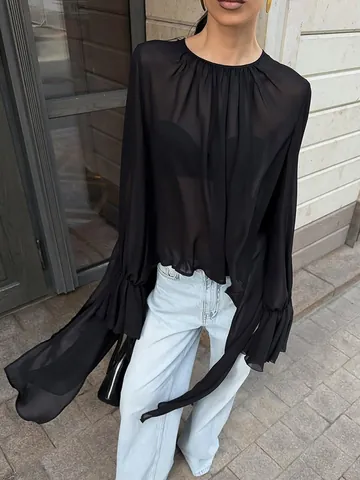 Dames Zwarte Mesh Chiffon Blouse Elegant Onregelmatige Zoom Ruffle Lange Mouwen Top Ronde Hals Sheer Patchwork Blouse