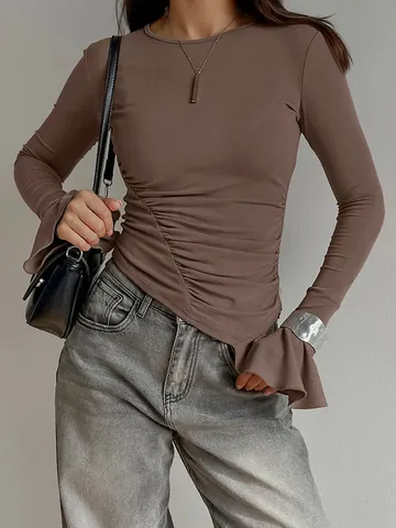Damen Amerikanisches Vintage Langarm T-Shirt Geraffter Unregelmäßiger Saum Schlanke Passform Rundhalsausschnitt Top Mit Ausgestellten Rüschenärmeln