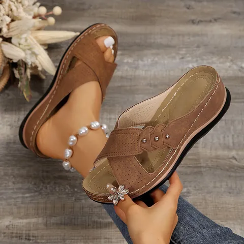 Sandali con Zeppa Estivi Europei da Donna con Strass Floreali Traforati Ciabatte con Plateau Leggeri Comodi Antiscivolo in PU