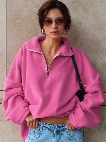 Damen Casual Rosa Polarfleece Halb Reißverschluss Hoodie Oversized Revers Langarm Sweatshirt Herbst Winter Mode Einfarbig Top