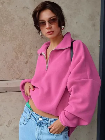Damen Casual Rosa Polarfleece Halb Reißverschluss Hoodie Oversized Revers Langarm Sweatshirt Herbst Winter Mode Einfarbig Top