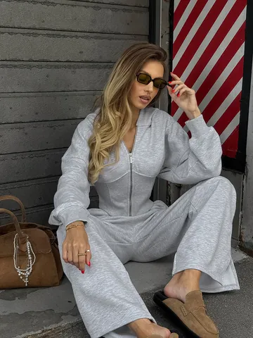 Heather Grey American Retro Ribbed Patchwork Zip Up Hoodie And Split Straight Leg Pants Set For Women Leisure Office Top And Bottom Outfits