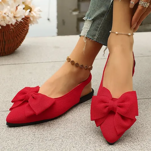 Women's Pointed Toe Bow Flats Slingback Flat Sandals Casual Elegant PU Leather Rubber Sole Solid Color Dress Shoes For Ladies