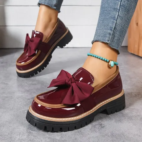Damen Britischer Stil Lackleder Loafer Schleife Dicke Sohle Blockabsatz Vintage Casual Schuhe Für Büro Alltag Gehen
