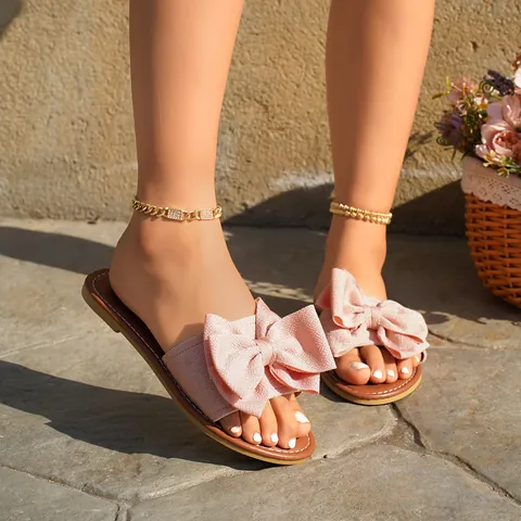 Damen Mode Lässige Flache Hausschuhe Große Größe Einriemen Schleife Dekoration PU Gummisohle Einfarbig Strand Sommer Pantoletten