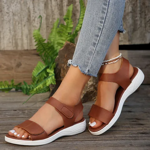 Damen Römer Keilsandaletten Sommer Strandschuhe Klettverschluss Ein Riemen Einfarbig Rutschfest Komfortabel PU Leder Schuhe