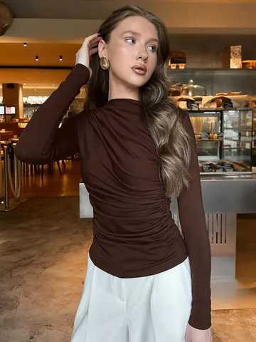 Dames Herfst Geplooid Slim Fit T-Shirt Lange Mouwen Effen Kleur Pullover Top Elegante Chic Koffie Basislaag