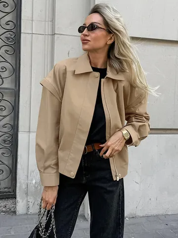 Damen Khaki Cargo Jacke Französischer Stil Revers Lockerer Bomberjacke Herbst Einfache Baumwollmischung Windjacke Casual Streetwear Oberbekleidung