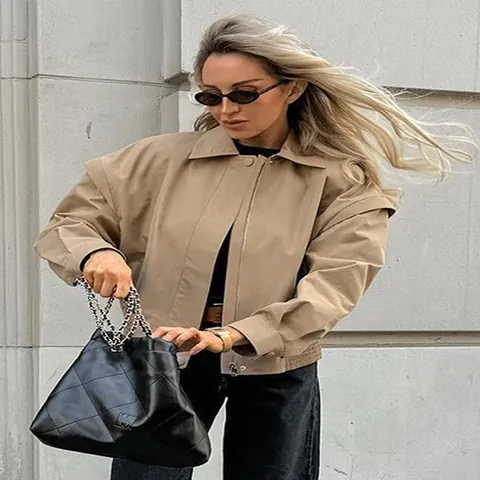 Damen Khaki Cargo Jacke Französischer Stil Revers Lockerer Bomberjacke Herbst Einfache Baumwollmischung Windjacke Casual Streetwear Oberbekleidung