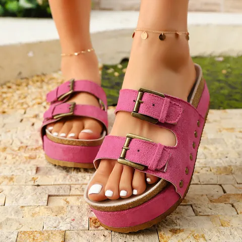 Damen Mode Plateau Slides Nieten Dekor Doppel Schnallen Riemen Lässige Strand Clogs Birkenstock Stil Sandalen