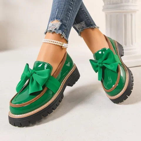 Damen Britischer Stil Lackleder Loafer Schleife Dicke Sohle Blockabsatz Vintage Casual Schuhe Für Büro Alltag Gehen