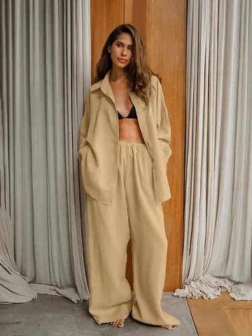 Set Due Pezzi Casual da Donna in Cotone Tinta Unita Camicia a Maniche Lunghe con Bottoni e Pantaloni a Gamba Larga Streetwear