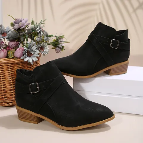 Dames Spitse Neus Chelsea Boots Middelhoge Blokhak Enkellaarsjes Zijrits Gekruiste Bandjes Britse Stijl Synthetisch Suède Herfst Winter Schoenen