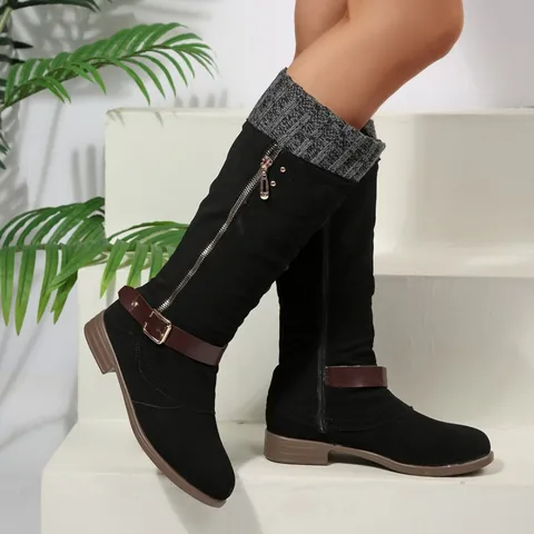 Stivali Alti Donna Effetto Scamosciato Fibbia Borchie Stivali Alla Moda Con Polsino A Maglia Punta Tonda Cerniera Laterale Scarpe Invernali