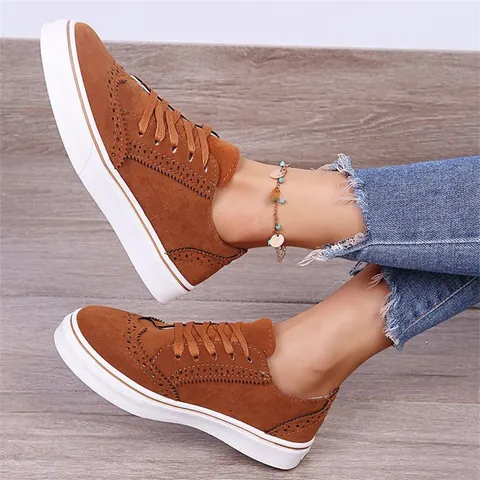 Zapatos Brogue Planos Casuales para Mujer Cuero PU con Cordones Punta Redonda Color Sólido Transpirable Cómodos Mocasines