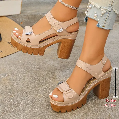 Sandali da Donna alla Moda con Plateau Tacco Largo Cinturino Singolo Sandali con Cinturini in Velcro Estate All'aperto in Pelle PU Stile Romano