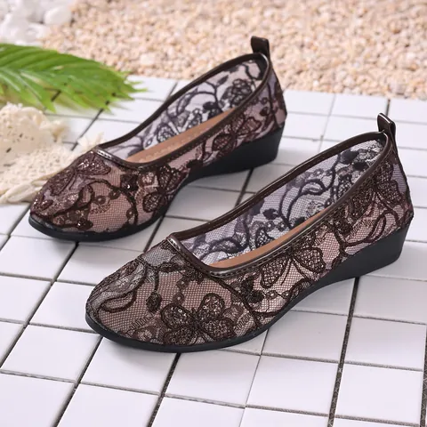 Damen Runde Zehe Atmungsaktiv Mesh Spitze Flache Schuhe Casual Blumenstickerei Mokassins Leicht Slipper Loafers Damen