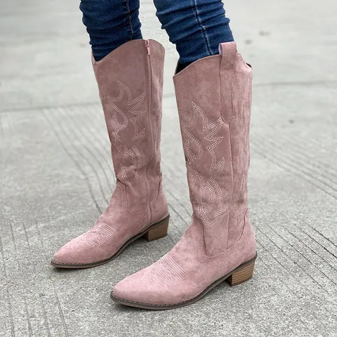 Vintage Embroidered Western Cowboy Boots For Women V-Opening Pointed Toe Chunky Heel Mid-Tube Faux Suede Knight Boots