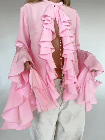 Women's French Elegant Ruffle Blouse Solid Color Long Sleeve Flare Cuff Stand Collar Polyester Cardigan Style Top