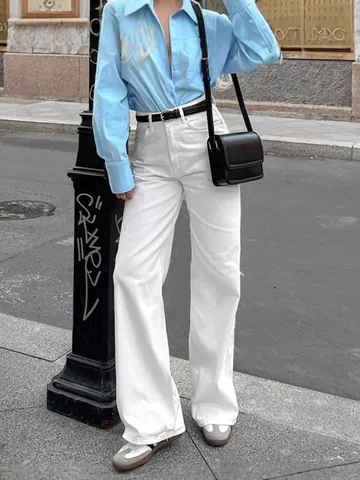 Pantaloni Casual Bianchi a Gamba Dritta da Donna American High Street in Cotone Vita Alta a Pavimento Moda Autunno Inverno