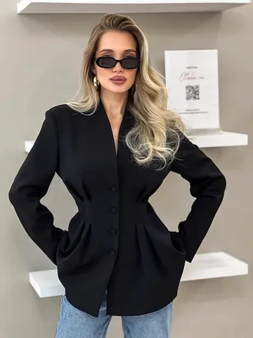 Women V Neck Pleated Waist Blazer Single Breasted Slim Fit Office Top Polyester Spandex Elegant Long Sleeve Autumn Outerwear Top