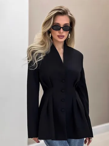 Women V Neck Pleated Waist Blazer Single Breasted Slim Fit Office Top Polyester Spandex Elegant Long Sleeve Autumn Outerwear Top