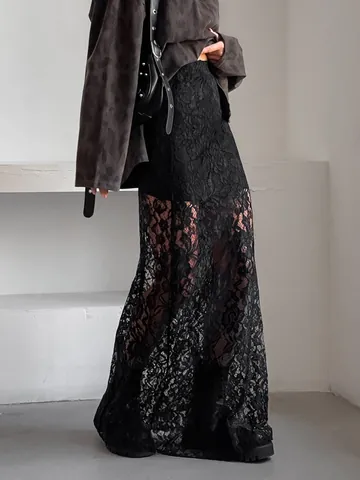 Women Vintage Black Sheer Lace Midi Skirt Sexy High Waist Floral Patchwork A-Line Long Skirt For Summer Daily Party Wear