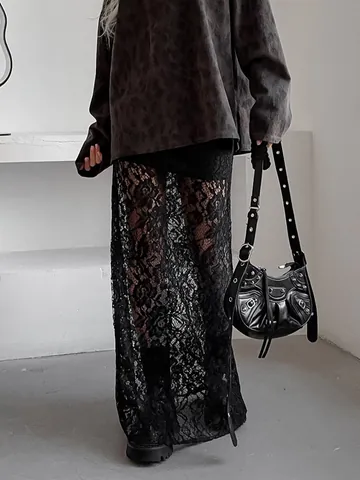 Women Vintage Black Sheer Lace Midi Skirt Sexy High Waist Floral Patchwork A-Line Long Skirt For Summer Daily Party Wear
