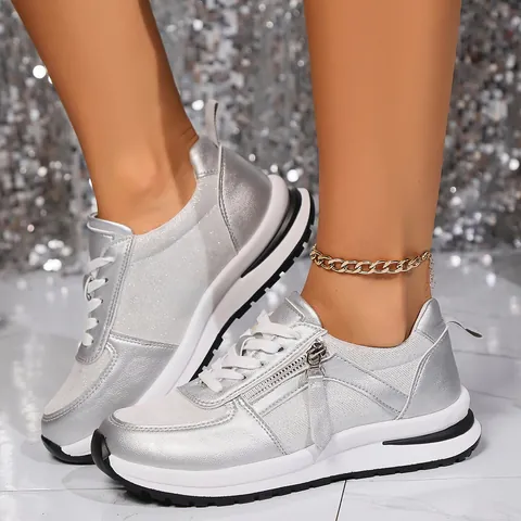 Damen Plateau Keilsneaker Metallic Glitzer Mode Freizeitschuhe Seitlicher Reißverschluss Schnürung Übergröße Walking Schuhe