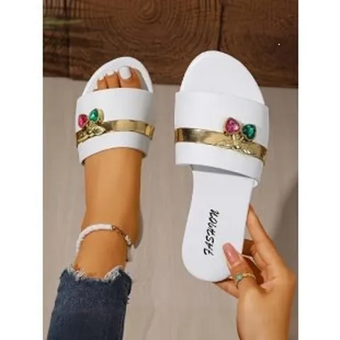 Damen Mode Flache Pantoletten Sandalen Mit Strass Metall Dekor Lässige Rutschfeste Strand Flip Flops PU Leder Sommerschuhe