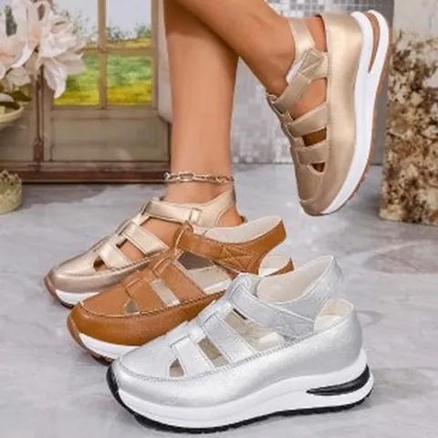 Sommer Damen Keilsandalen Geschlossene Zehenpartie Ausgehöhlt Atmungsaktiv Plateau Schuhe Klettverschluss Dicke Sohle Sandalen