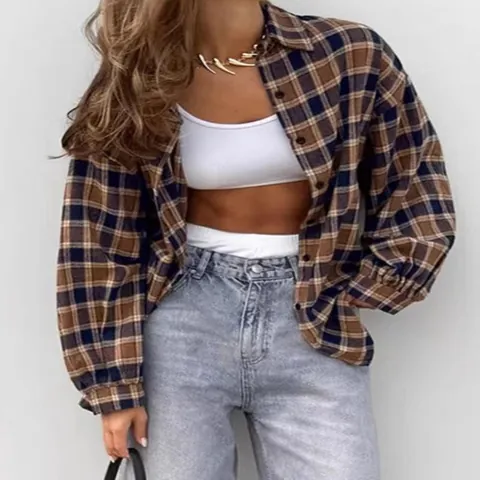 Women Casual Plaid Shirt Top Cotton Polyester Blend Long Sleeve Lapel Collar Oversized Button Down Cardigan Blouse Top